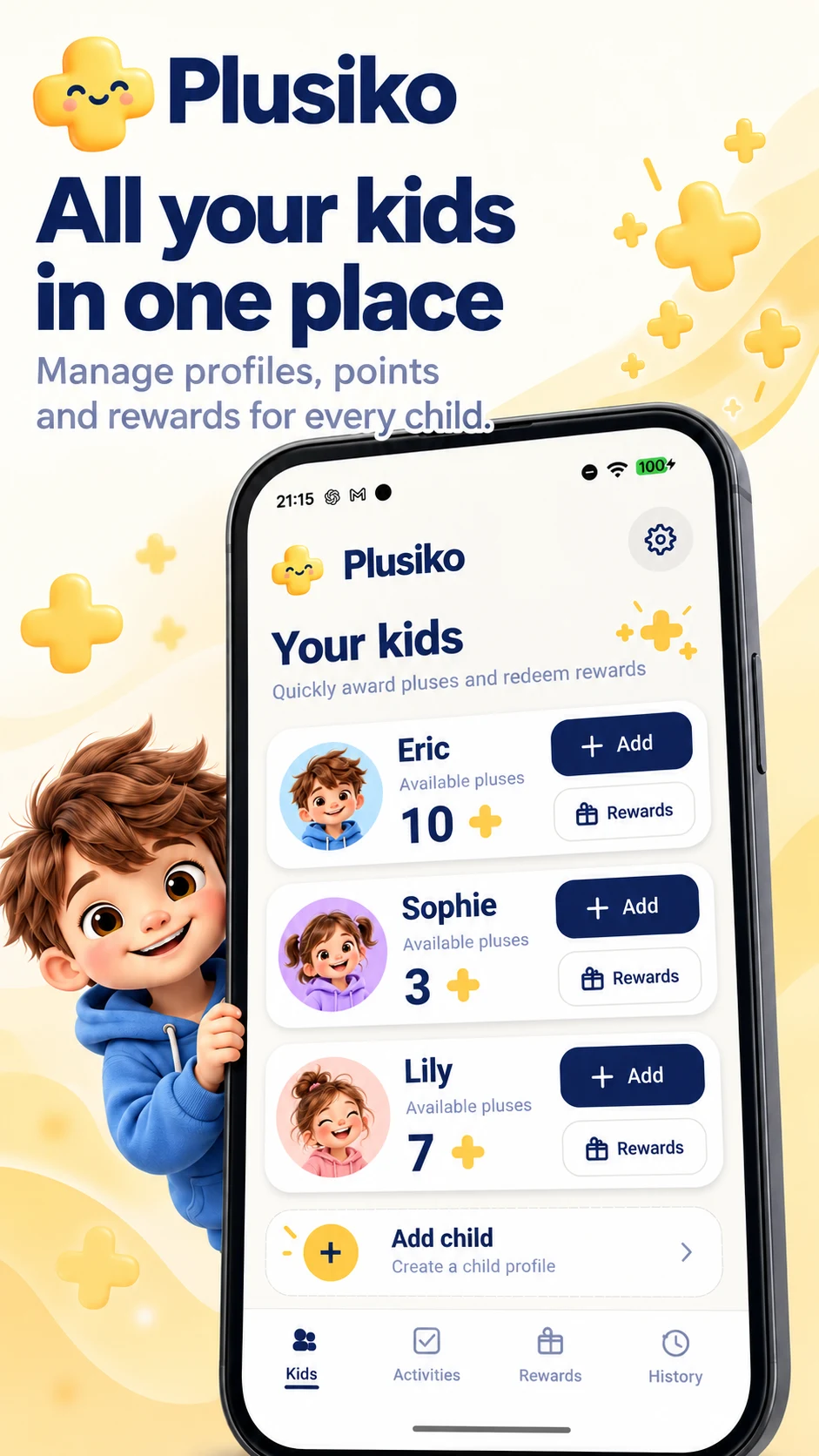 Plusiko child profiles and points shown in the app
